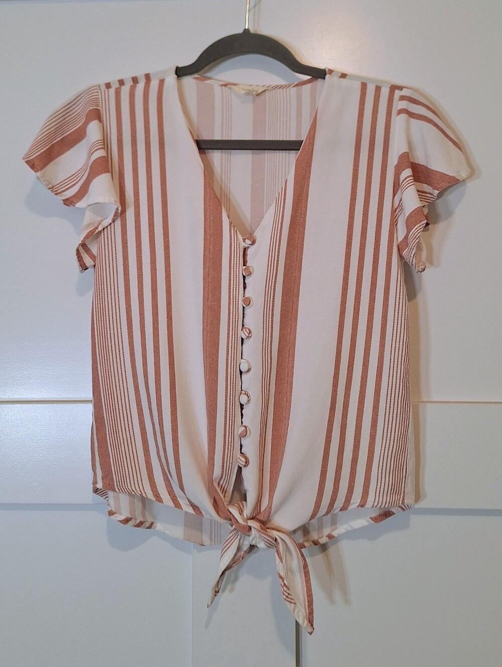 Sim & Sam Button Down Tie Front Striped Rayon Top Cinnamon & White Small